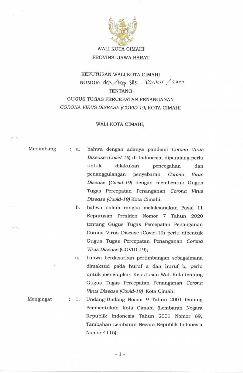 Keputusan Walikota tentang Gugus Tugas Percepatan Penanganan COVID-19 Kota Cimahi